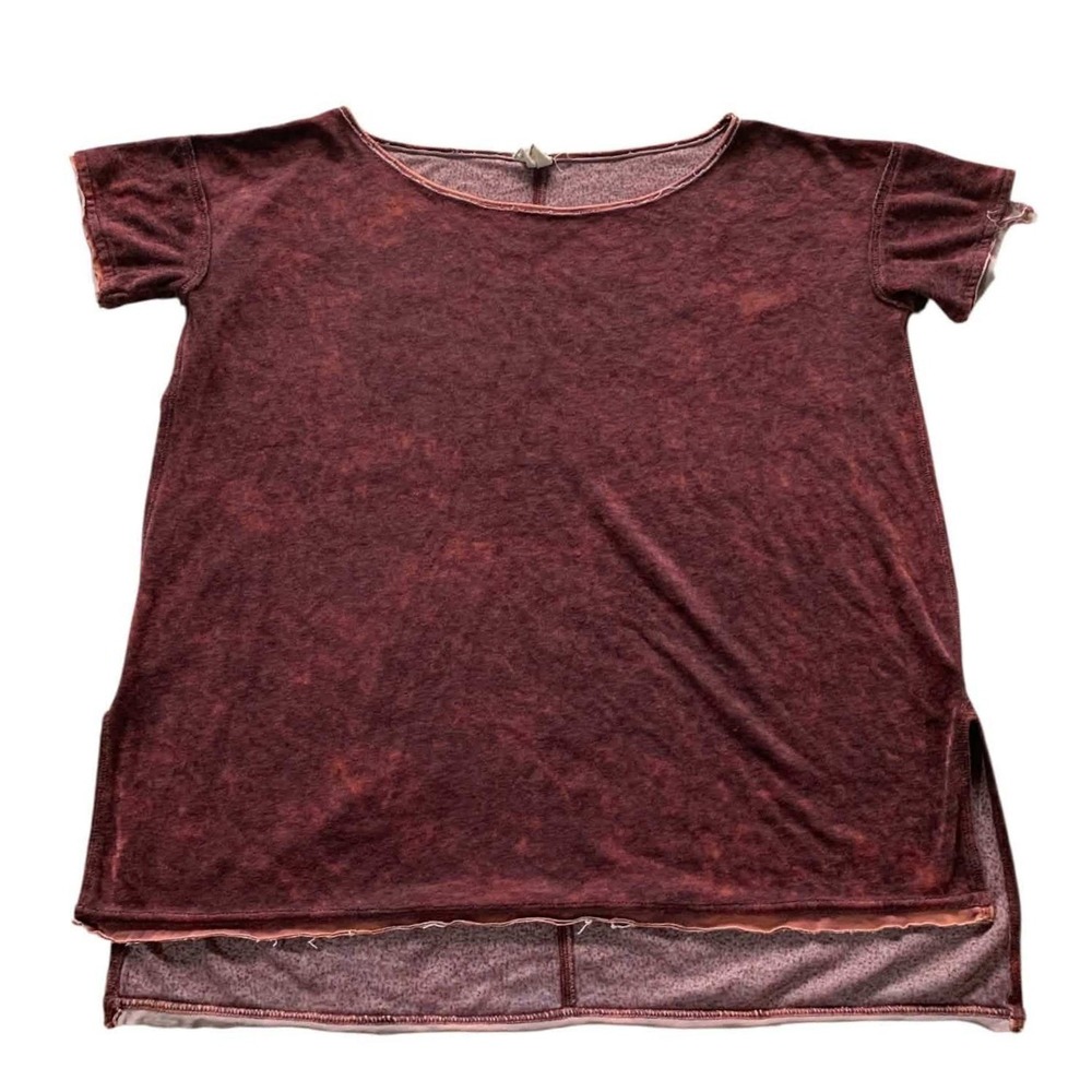 We The Free To M Burgundy Hi Low Distressed Terry Cloth Acid Wash Boho Oversized